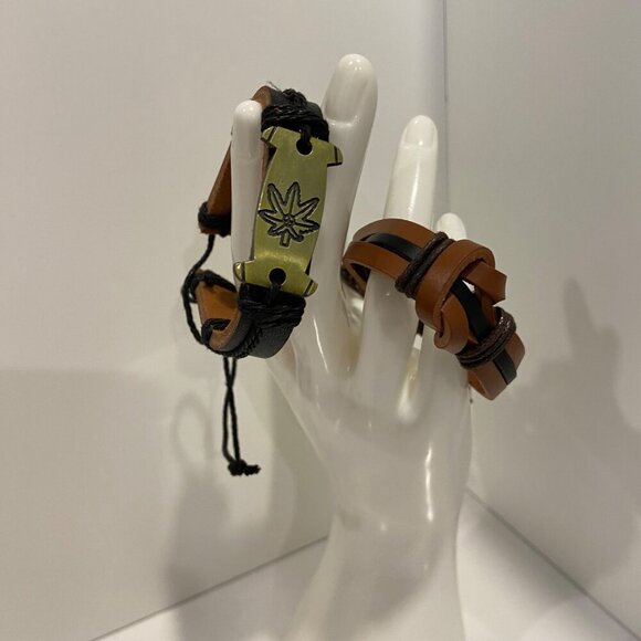 Pot Leaf Weed Leather 2 Bracelet duo Set With Metal Plate & Adjustable Strap - Picture 3 of 12